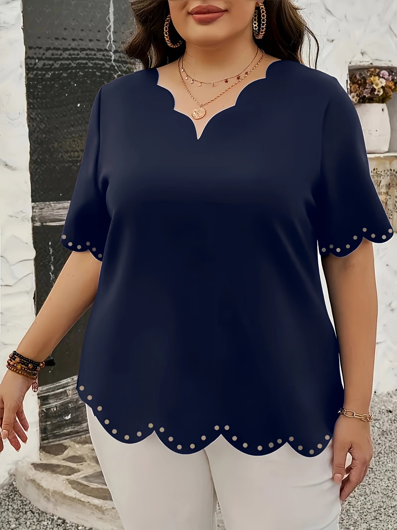 V-Neck Blouse with Scallop Trim Breathable Polyester Elastane All-Season Elegant Shirting