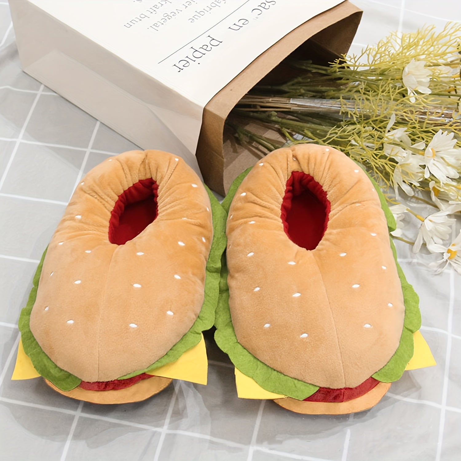Women/Unisex Plush Hamburger Slippers Indoor Cozy House Shoes