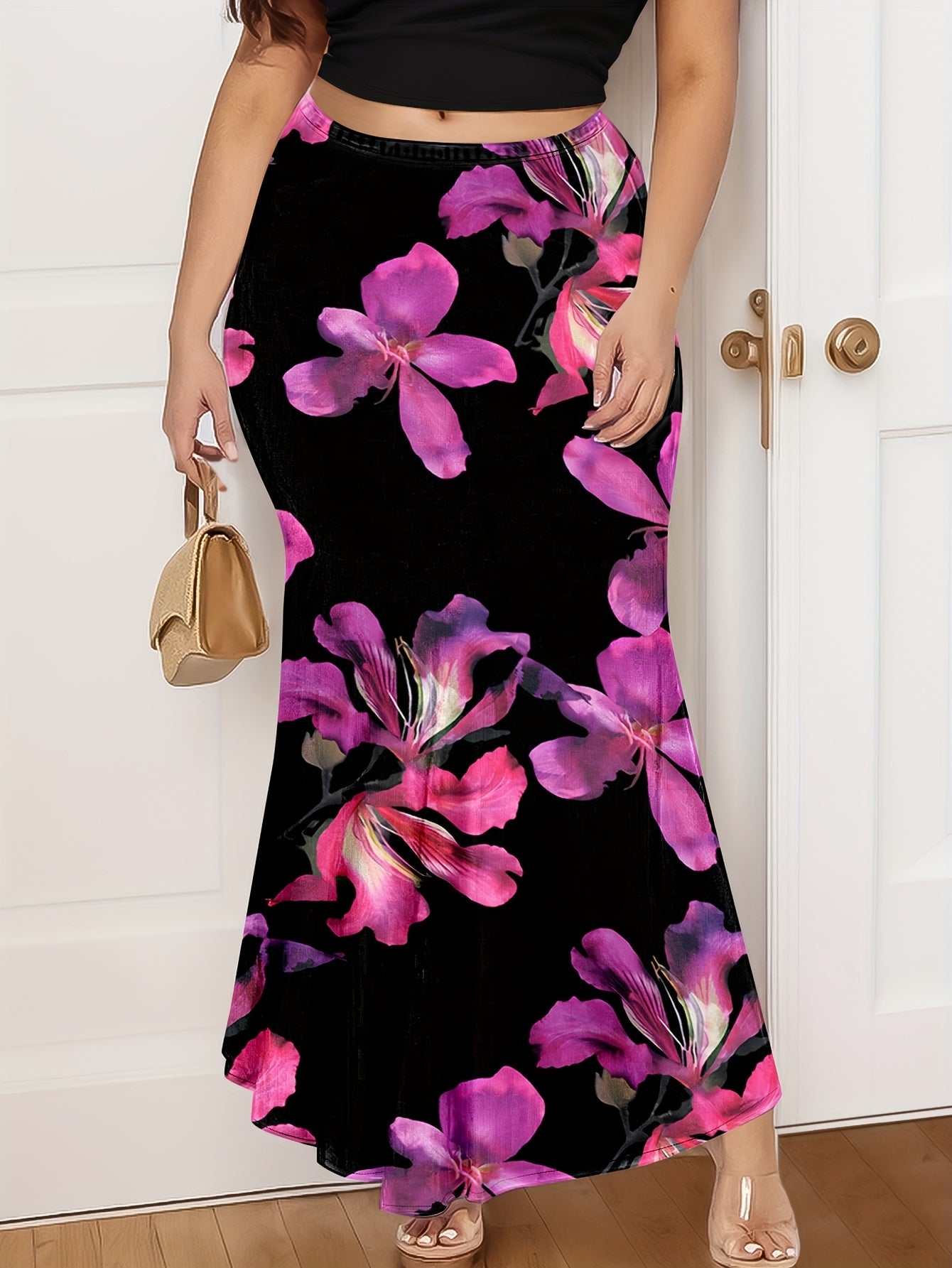 Plus Size Women's Floral Print Mermaid Skirt High Waist Knit Fabric