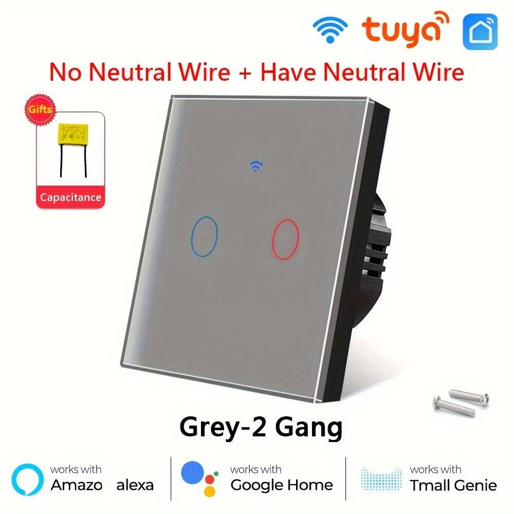 Smart Touch Wall Switch WiFi App Control Tempered Glass 86mm Single or Zero Wire Replacement in White or Golden