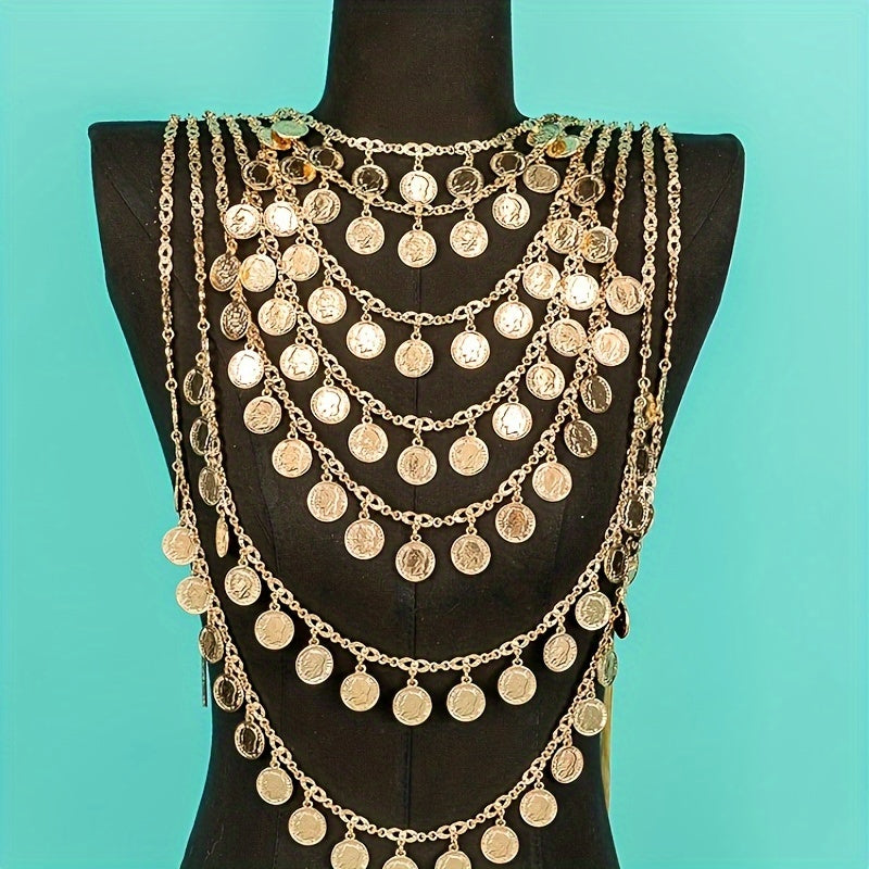 Gold Plated Arabic Bride Chest Chain with Handmade Coin Links for Wedding Jewelry