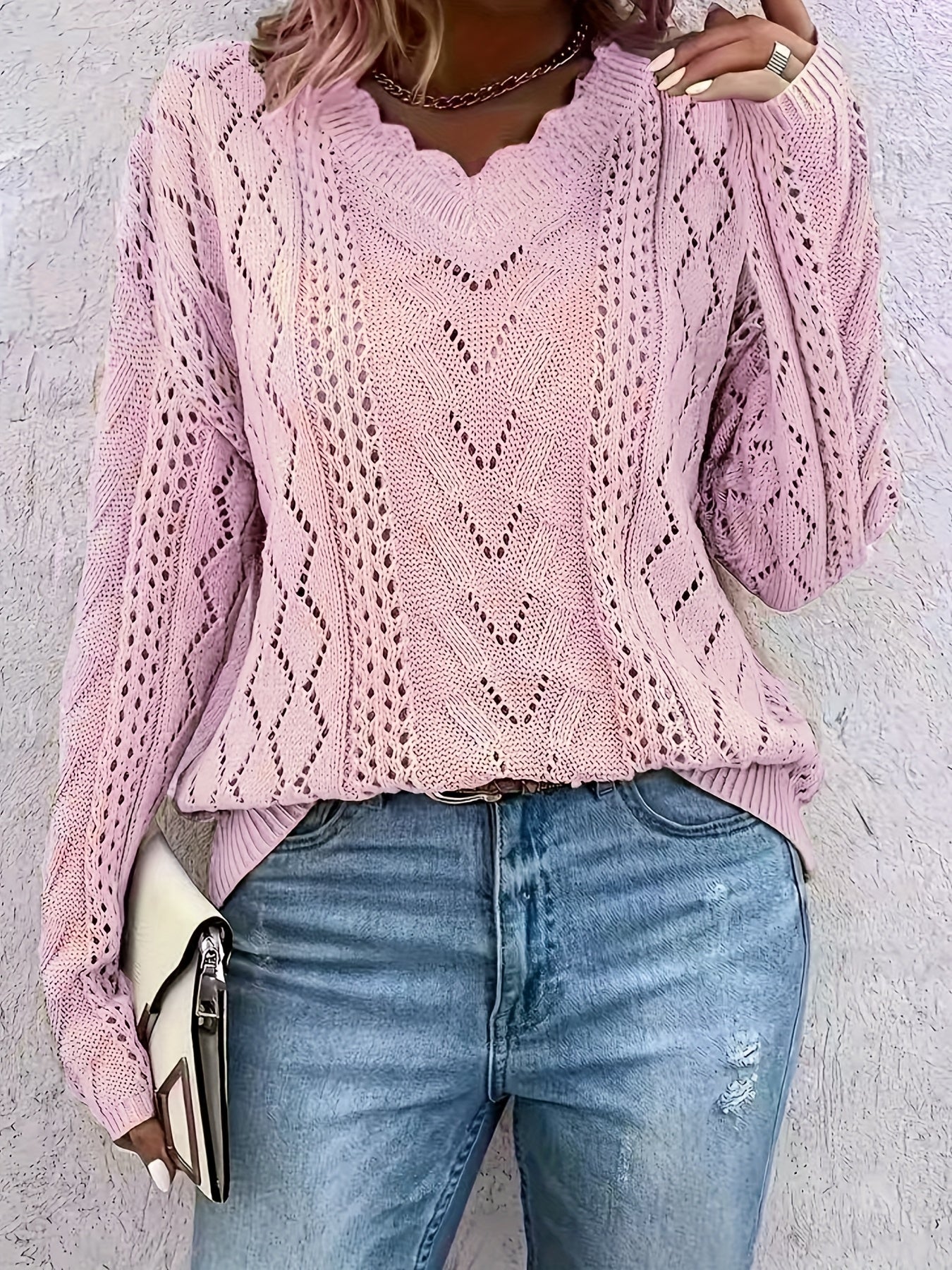 Plus Size Women's V-Neck Cardigan Long Sleeve Hollow-Out Light Pink Casual Sweater