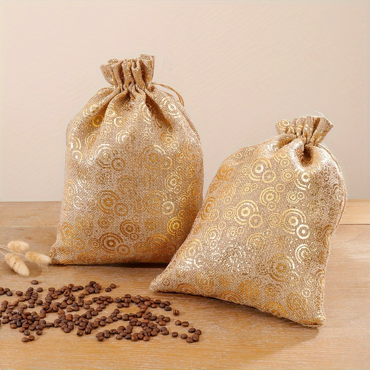 Juego de 2 bolsas de lino para granos de café, a prueba de humedad, con detalles en dorado