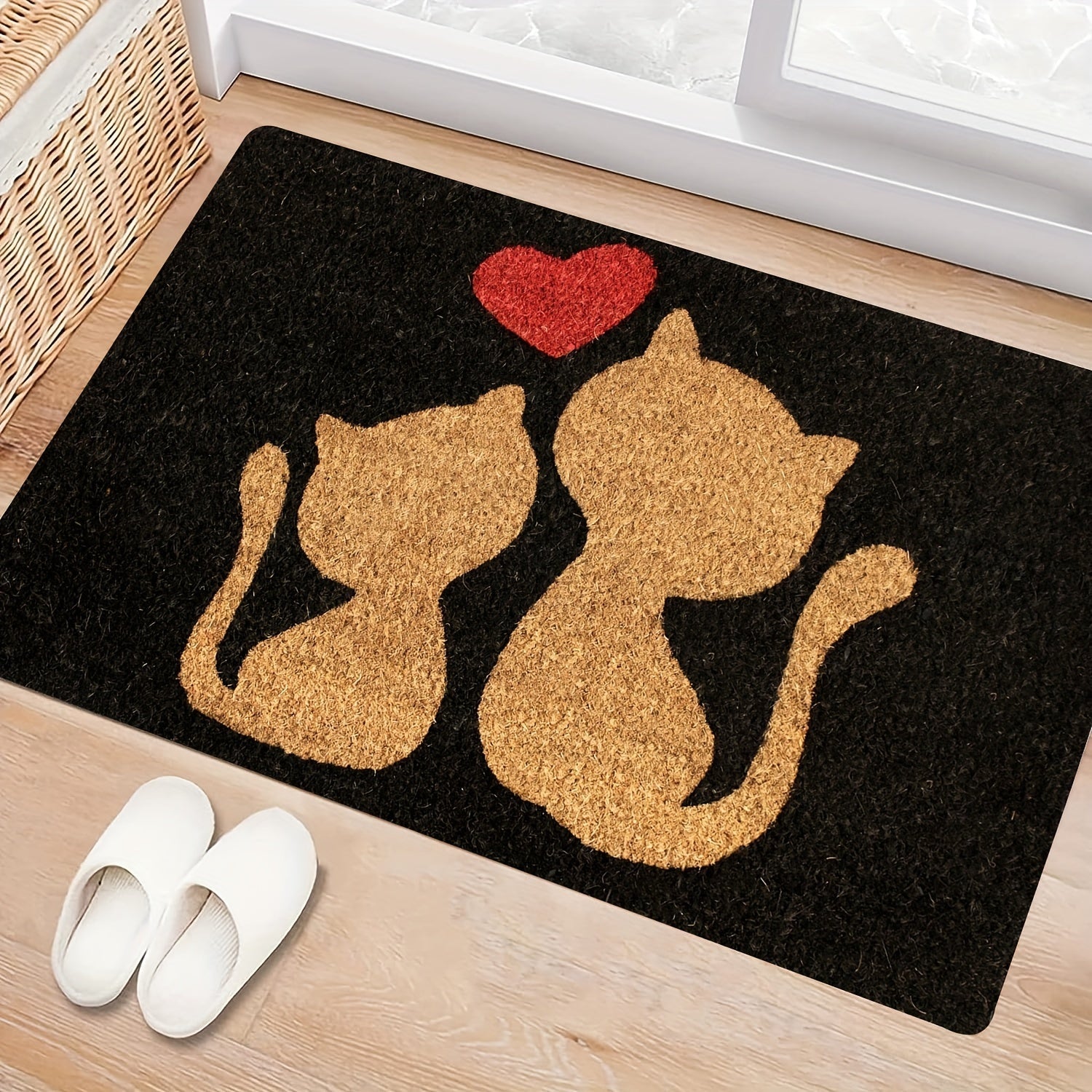 Heart Design Doormat with Cute Cat, Easy to Clean, Machine Washable, Rectangular Rug for Entryway