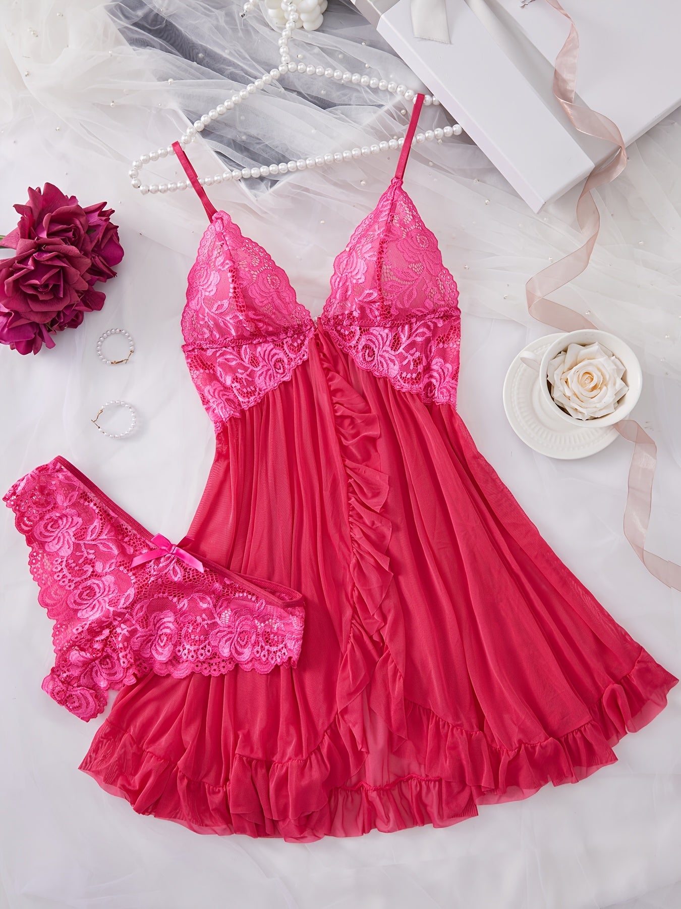 Lingerie Set Lace Spliced Chemise with Ruffle Detail Polyamide Elastane Mid-Rise Briefs