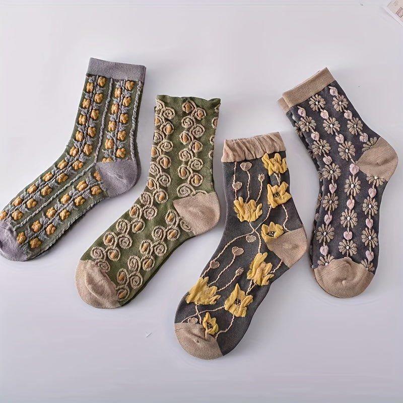 Women’s Ethnic Style Mid-Calf Socks 5 Pairs Embossed Pattern Breathable Comfortable