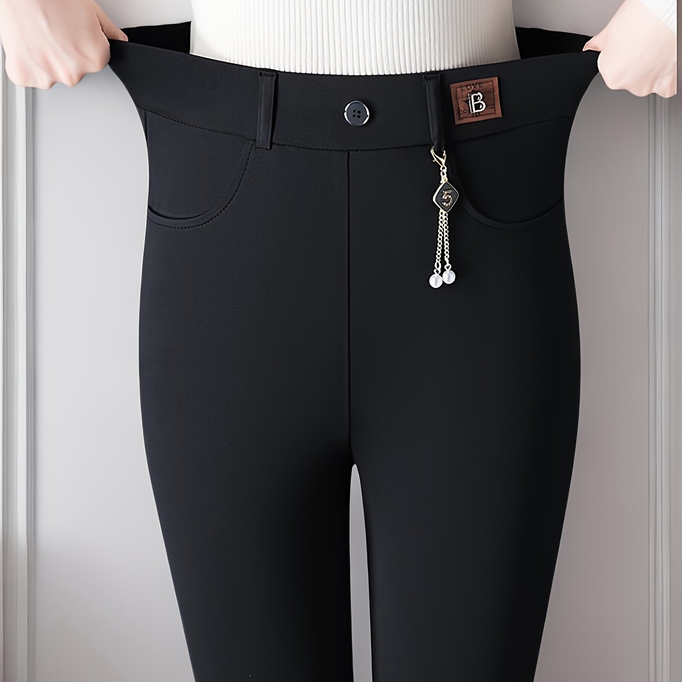 Women's Navy Blue High-Waist Leggings Slimming Stretch Fit Small Pockets