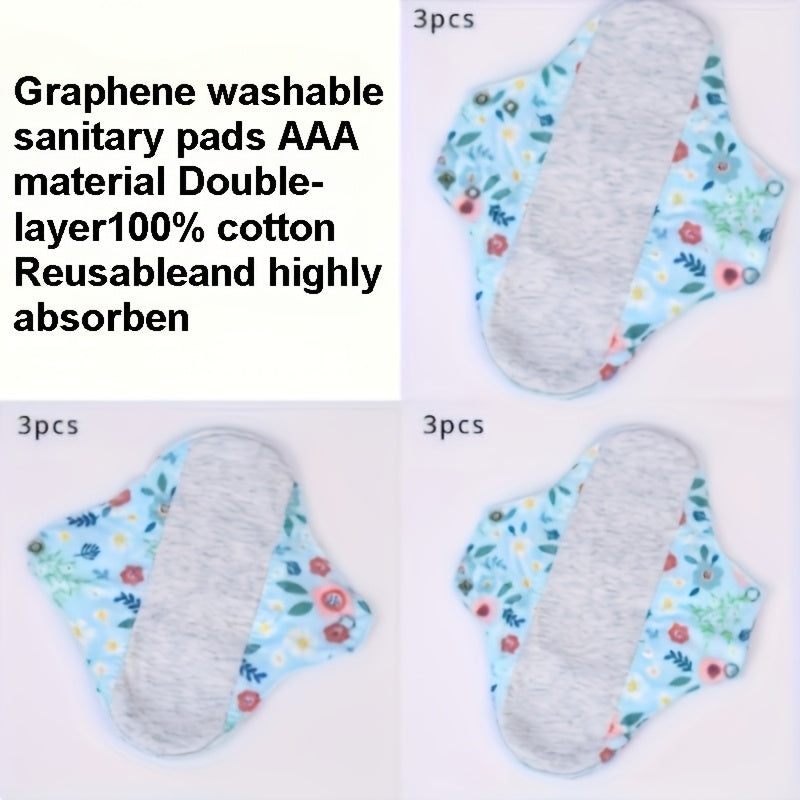3pcs Reusable Graphene Sanitary Pads for Women Breathable Cotton Floral Pattern Incontinence Pregnancy Elderly