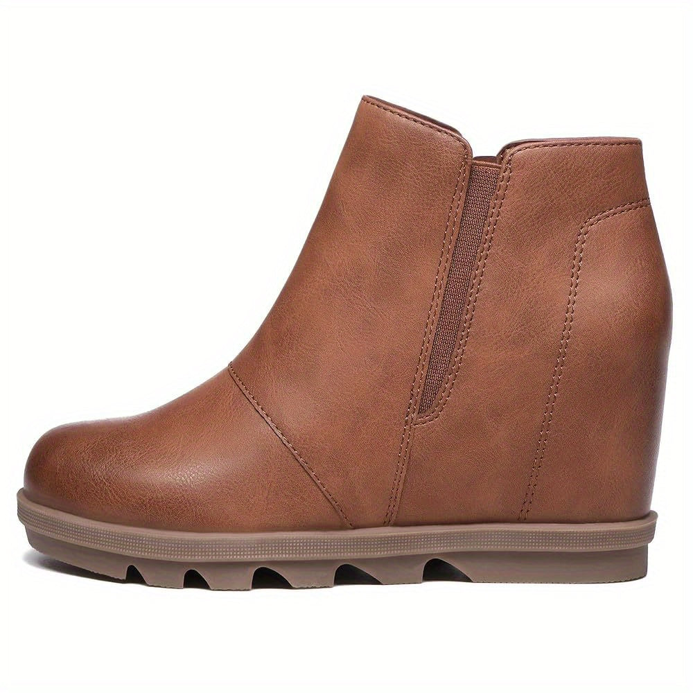 Women's Faux Leather Slip-On Wedge Ankle Boots Brown Casual Comfort