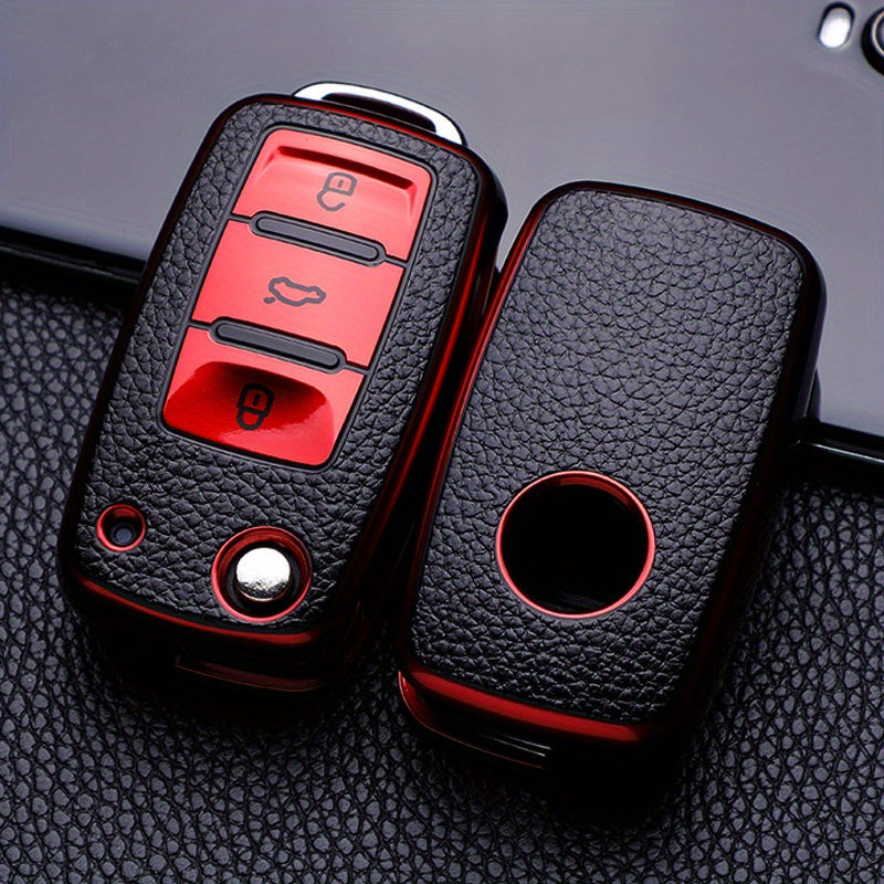 Car Key Protective Cover Leather Grain 3-Button Anti-fall Wear-Resistant