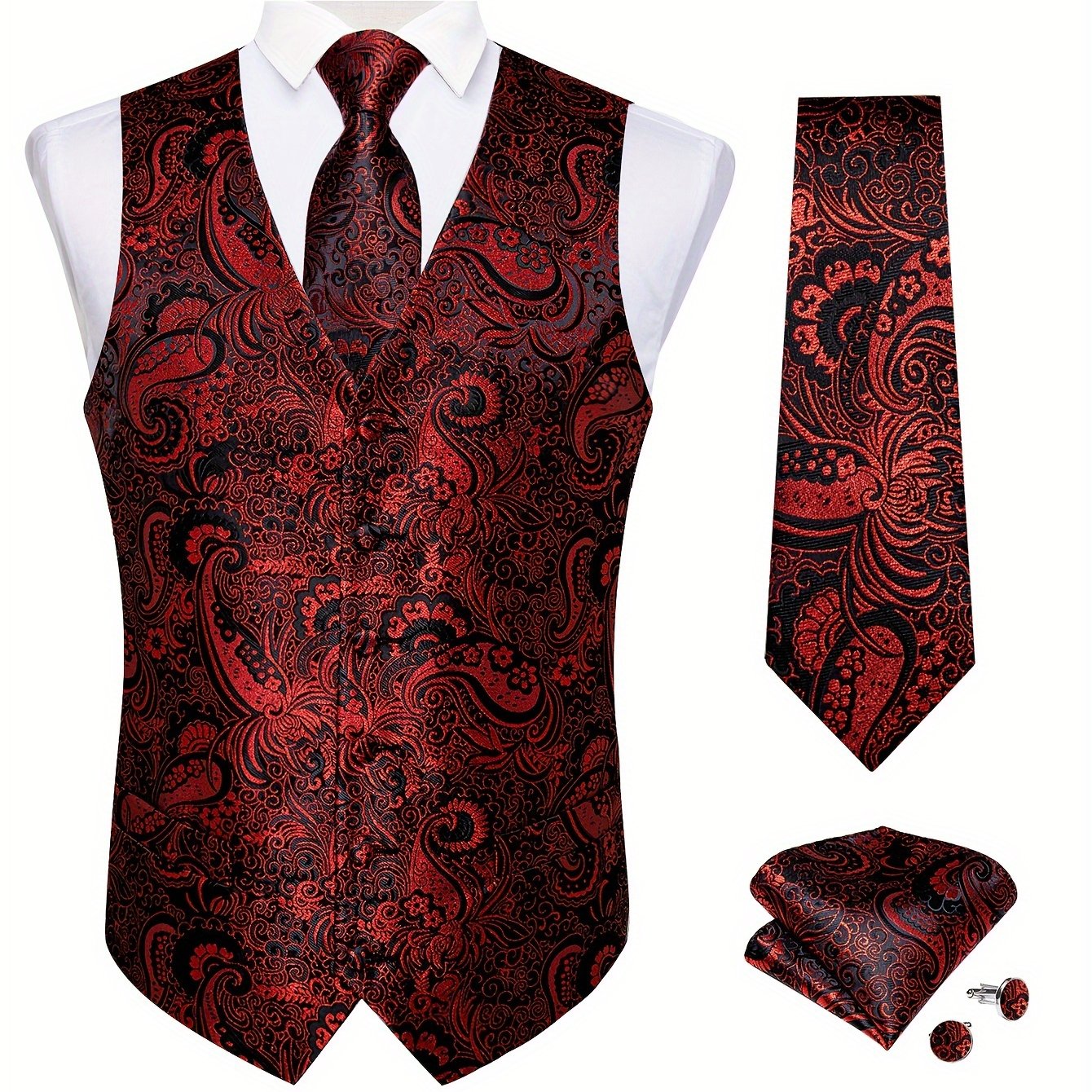 Men's Plus Size Blue Waistcoat Set with Paisley Tie Cufflinks and Handkerchief for Formal Occasions