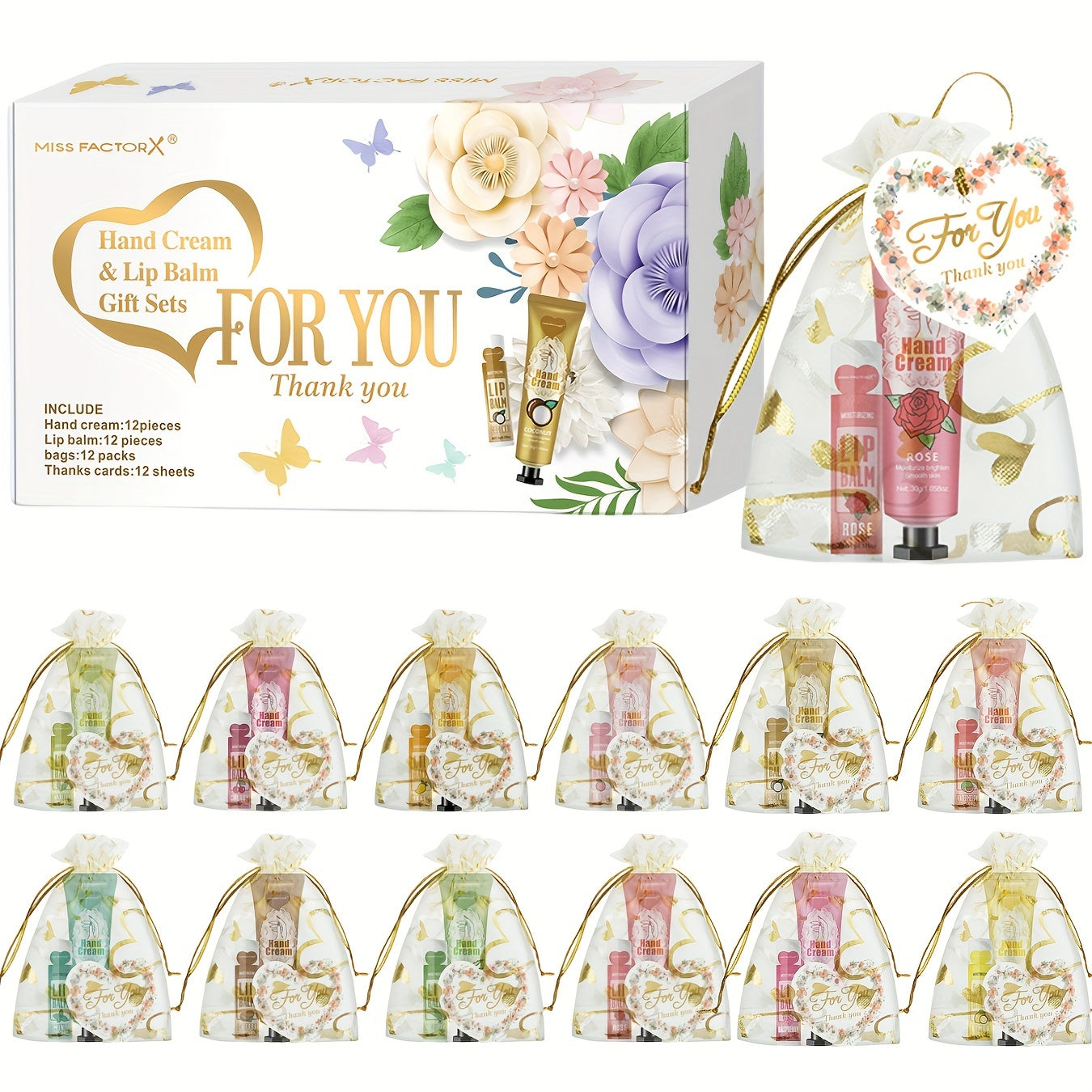12-Piece Hand Cream and Lip Balm Gift Set with Hyaluronic Acid Glycerin Floral Scented in Heart-Shaped Pouches for Weddings and Events