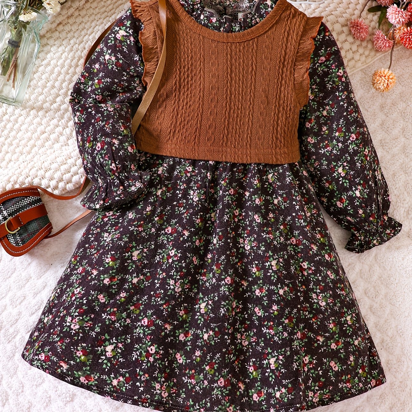 Girls Cotton Knit Vest and Floral Dress Set for Fall Winter