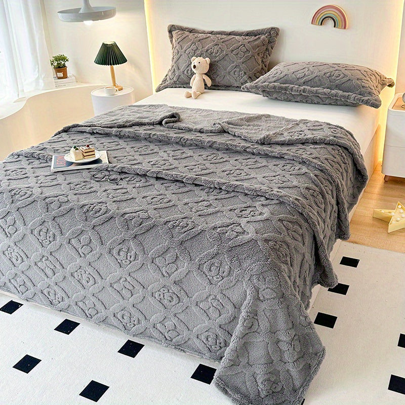 Fleece Bed Blanket White Geometric Embroidered All-Season Polyester 3D Embroidery