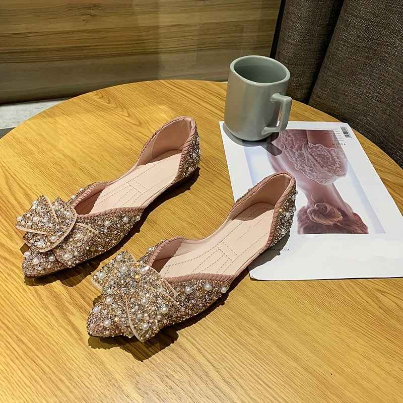 Women's Fabric Ballet Flats with Rhinestone Bow Pointed Toe Slip-On Casual Shoes