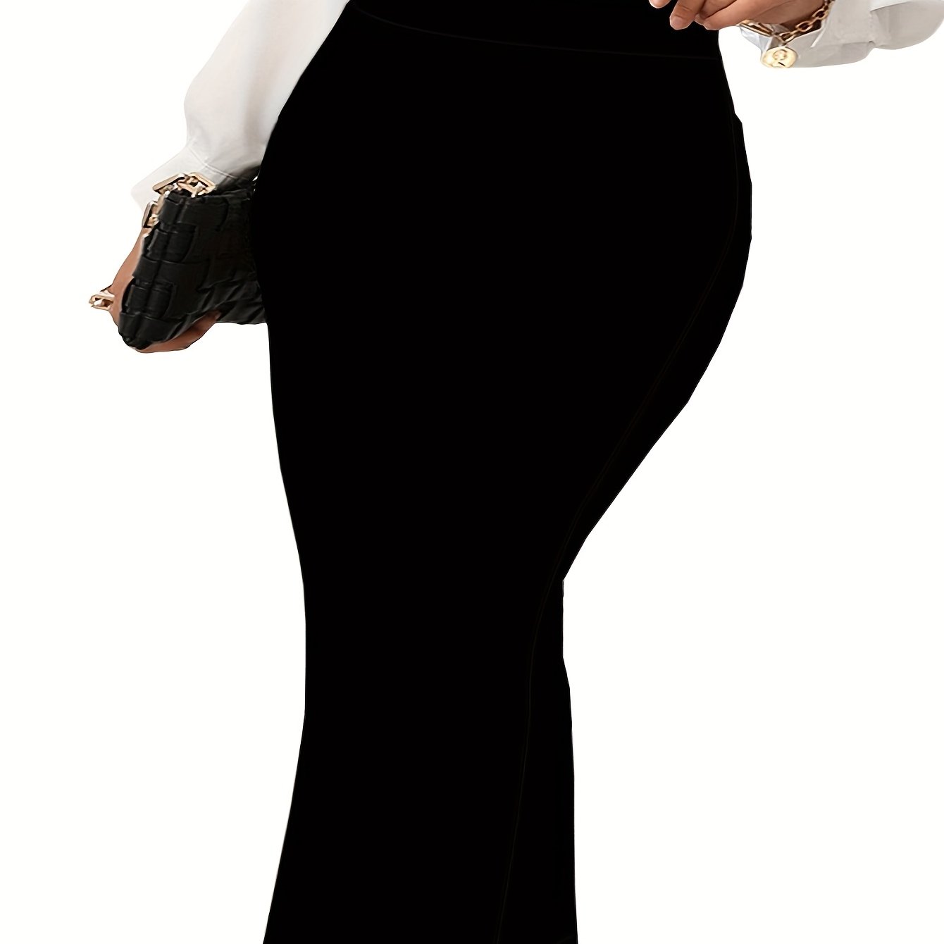 Women Black Stretchy Midi Skirt Elastic Fabric for Spring Summer Fall