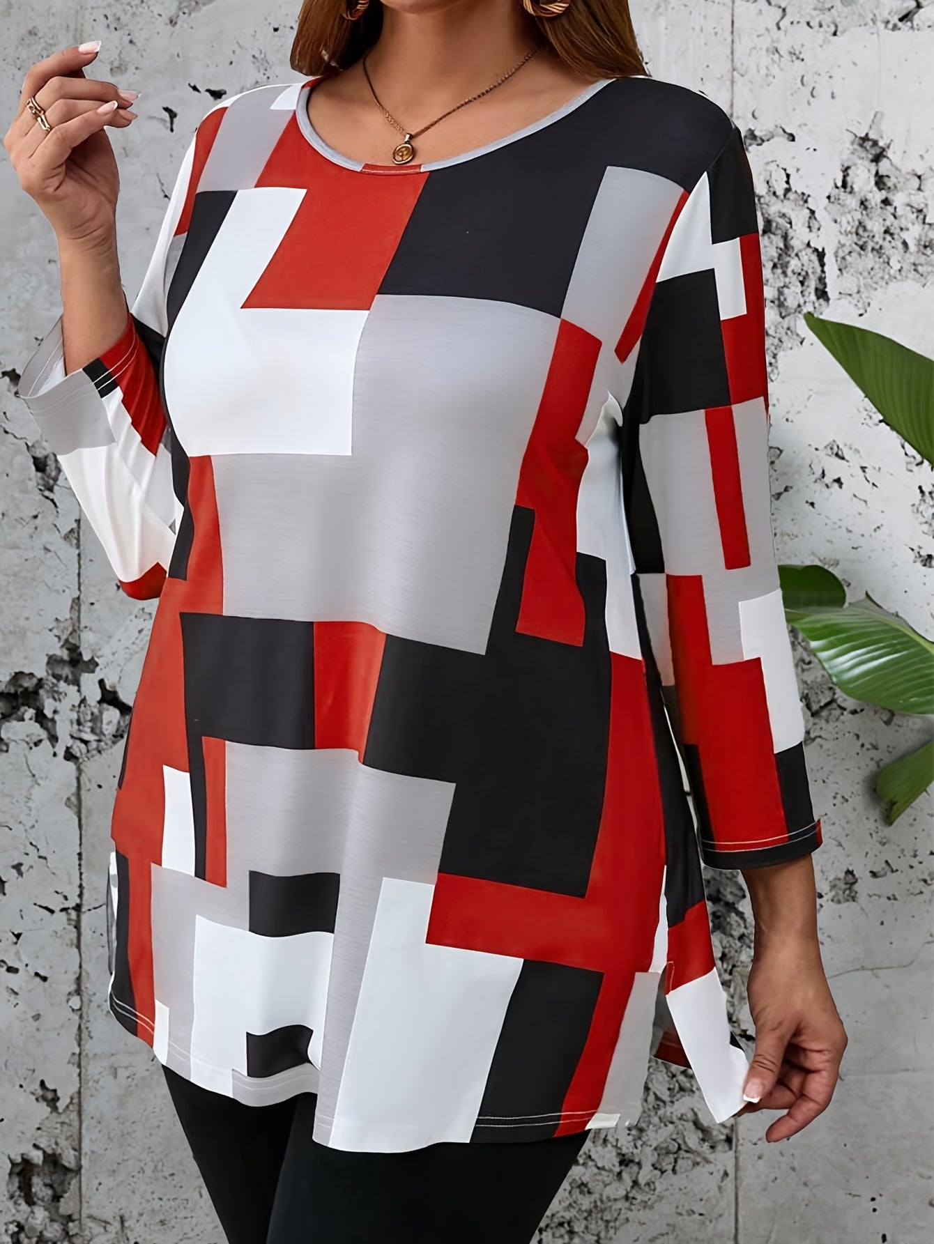 Ayollar uchun rangli blok dizayni, dumaloq bo'yin, bo'linma detali va mikro elastik mato bilan zamonaviy uzun yengli trikotaj ko'ylak - bahor, yoz yoki kuz uchun mukammal.