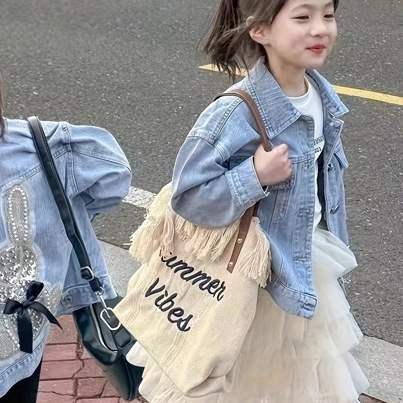 Girls Denim Jacket with Rabbit Design Rayon Blend Casual Spring Fall