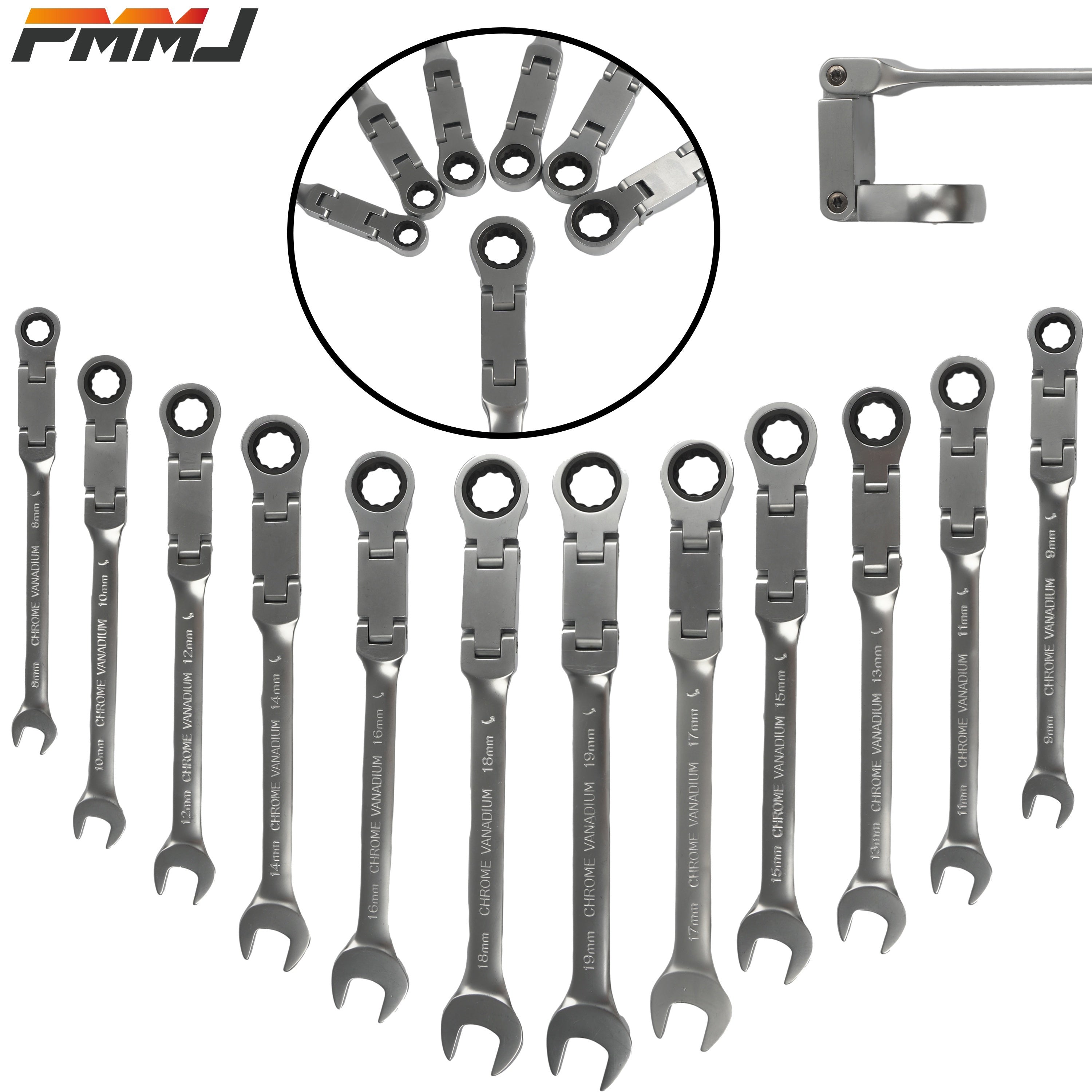 180° Flexible Head Ratchet Wrench Set, 8-19mm, Deep Offset, Dual-Purpose