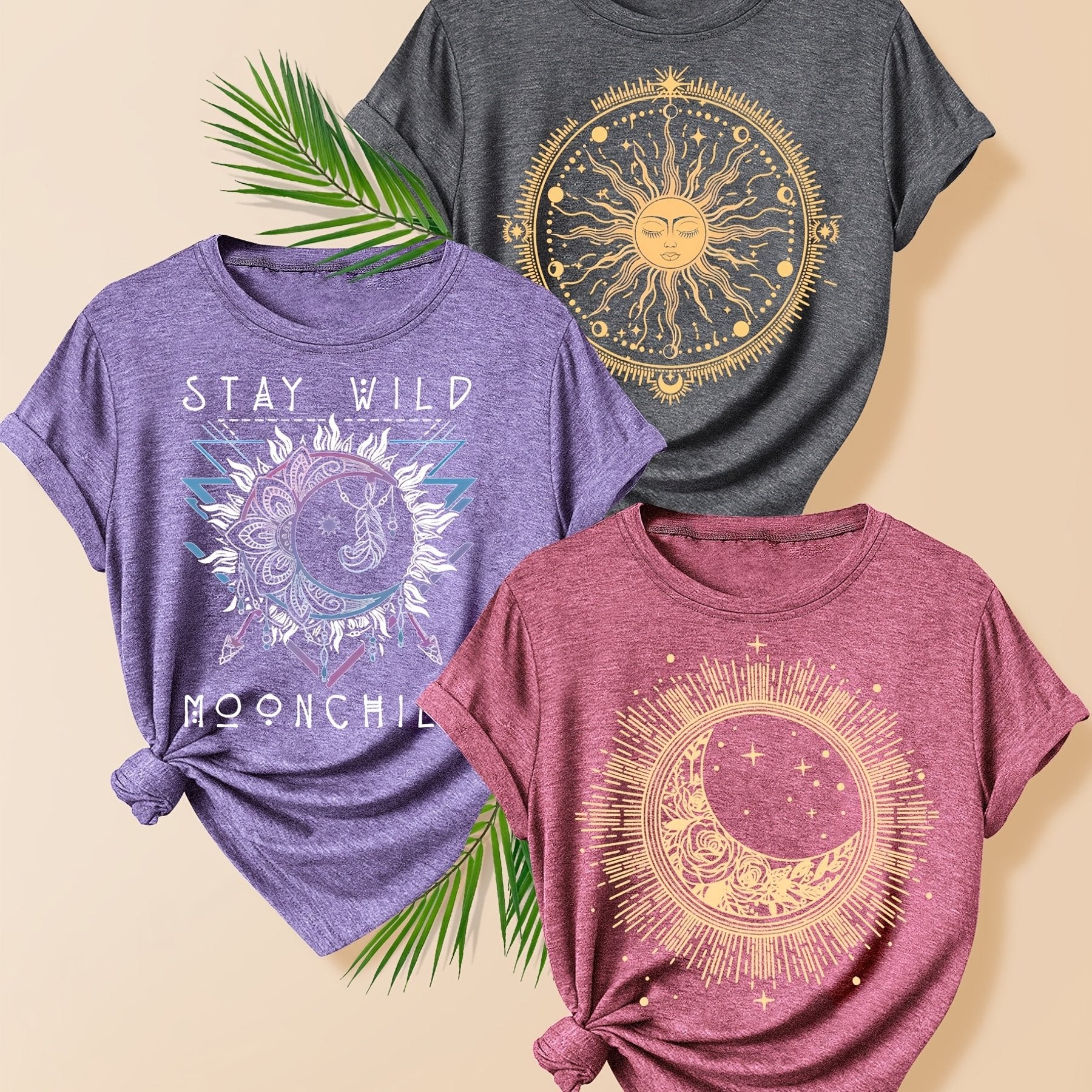 Women's 3 Pack Vintage-Inspired Sun & Moon Graphic T-Shirts Short Sleeve Polyester Blend