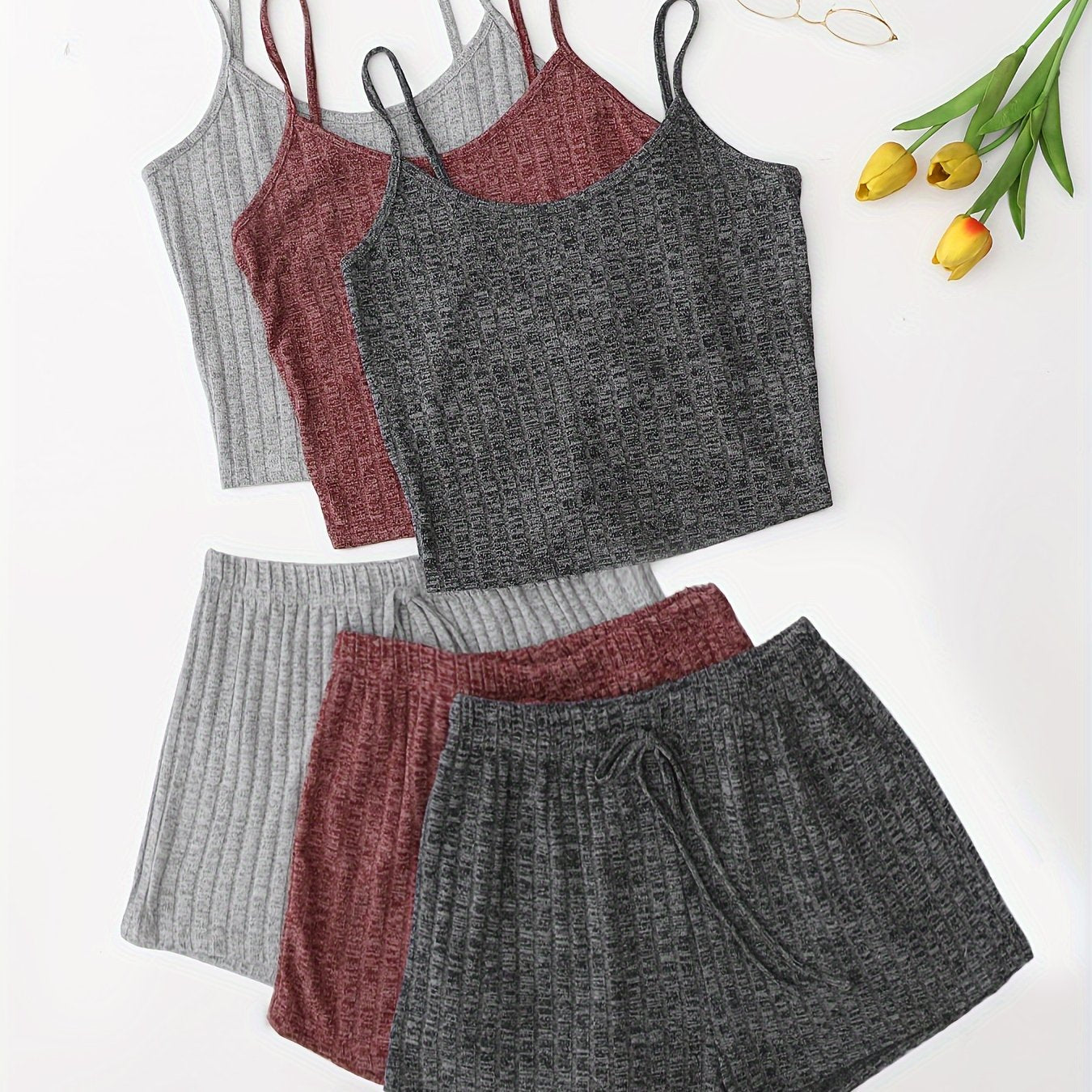 Women's 3-Piece Pajama Set Solid Cami Top Lace-Up Shorts Sleepwear Lounge Wear