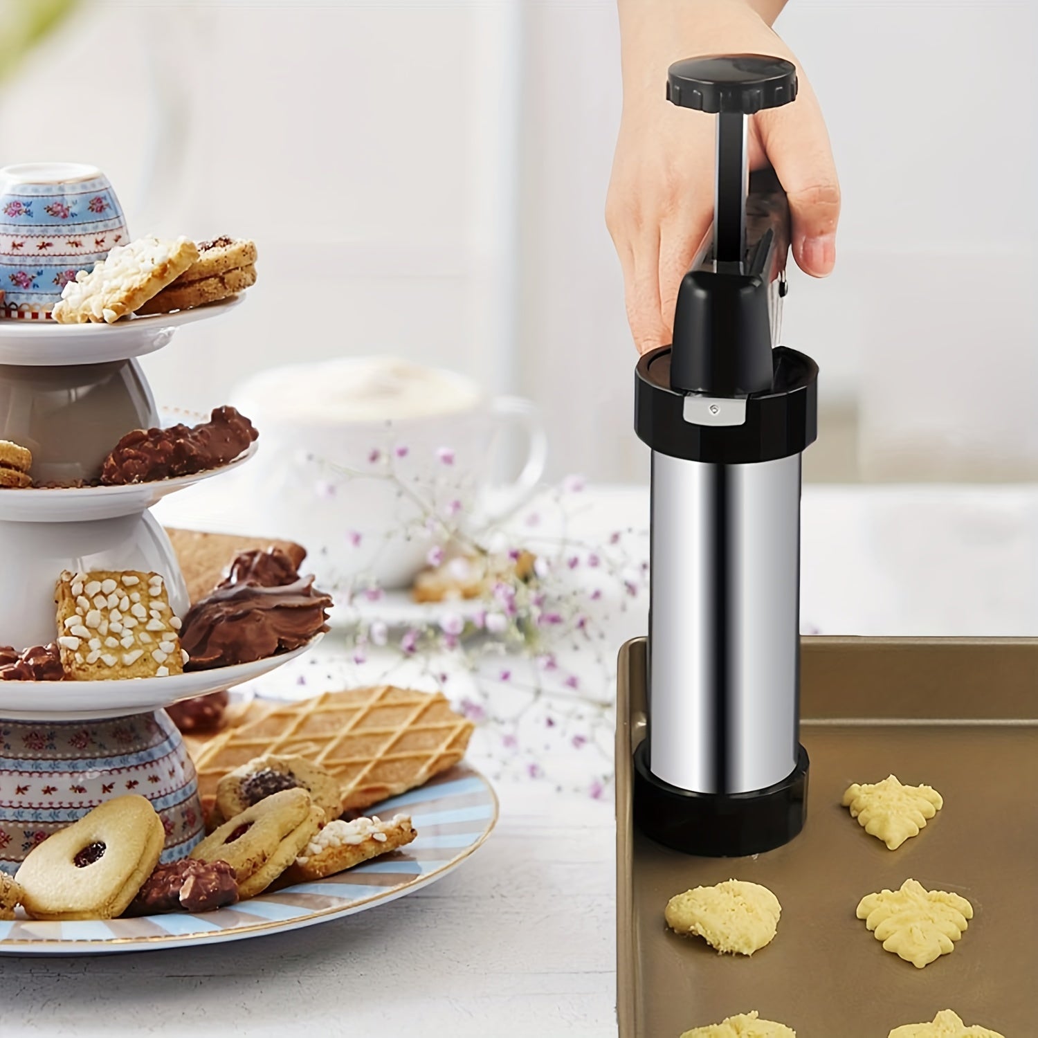 22-Piece Stainless Steel Cookie Press Kit with 13 Discs and 8 Icing Tips for Baking and Decorating