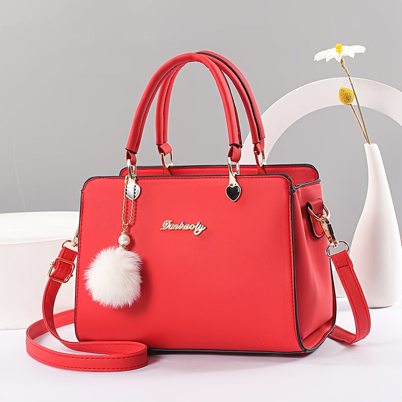 Solid Color Faux Leather Crossbody Handbag with Pompom Charms for Women