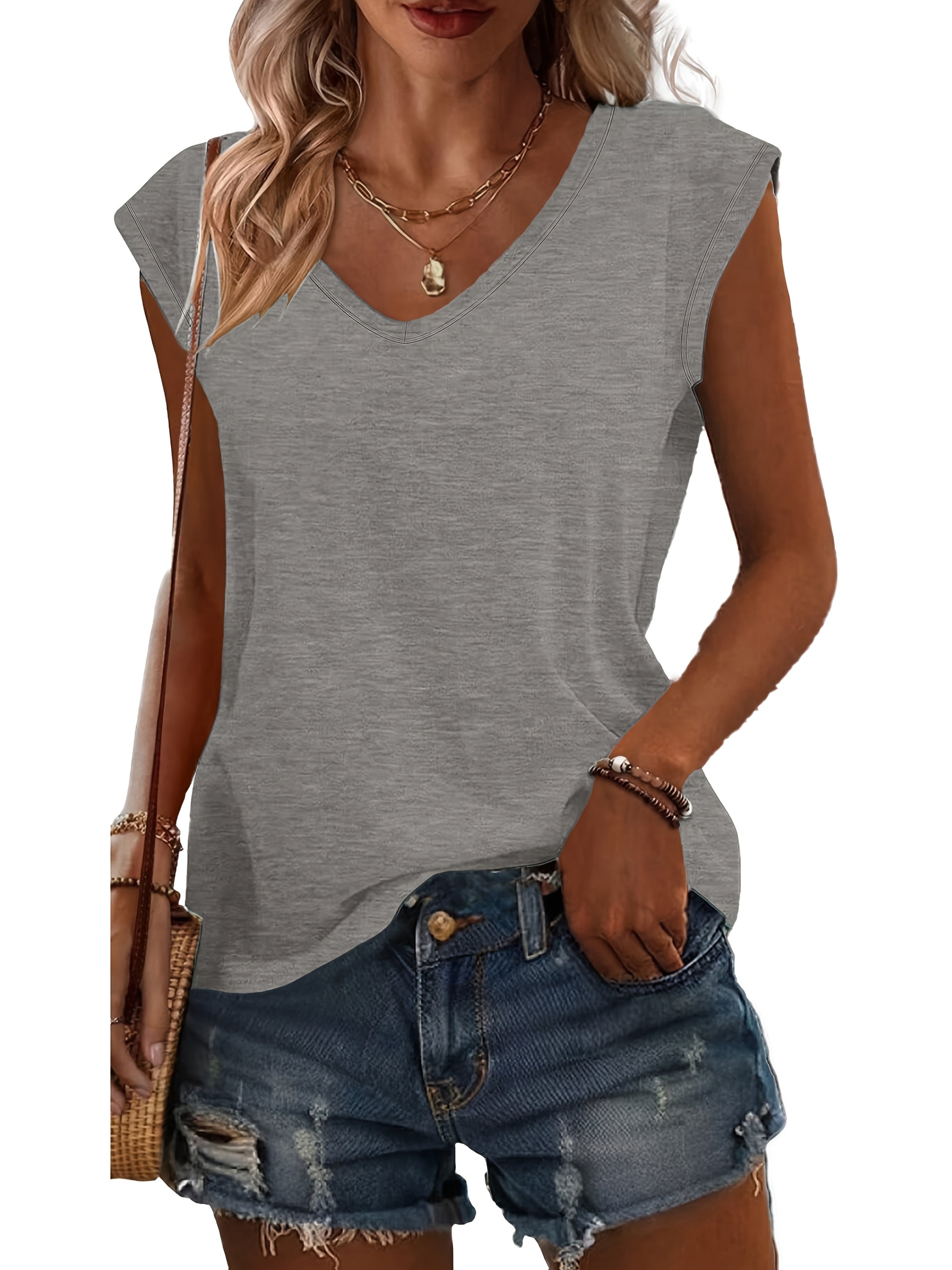 Women Solid Color V-Neck T-Shirts Short Sleeve Casual Spring Summer