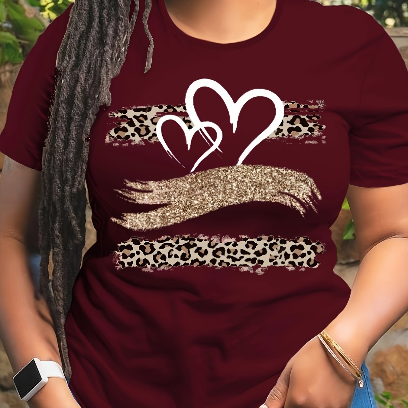 Plus Size Heart Print T-Shirt Women's Casual Short Sleeve Top