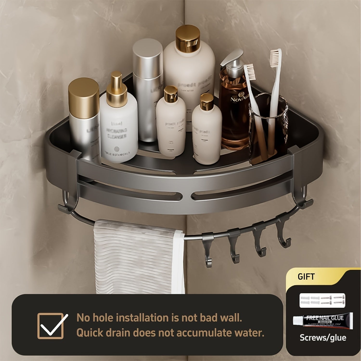 Self-Adhesive Corner Shower Caddy with Rust-Proof Shelves and Towel Holder