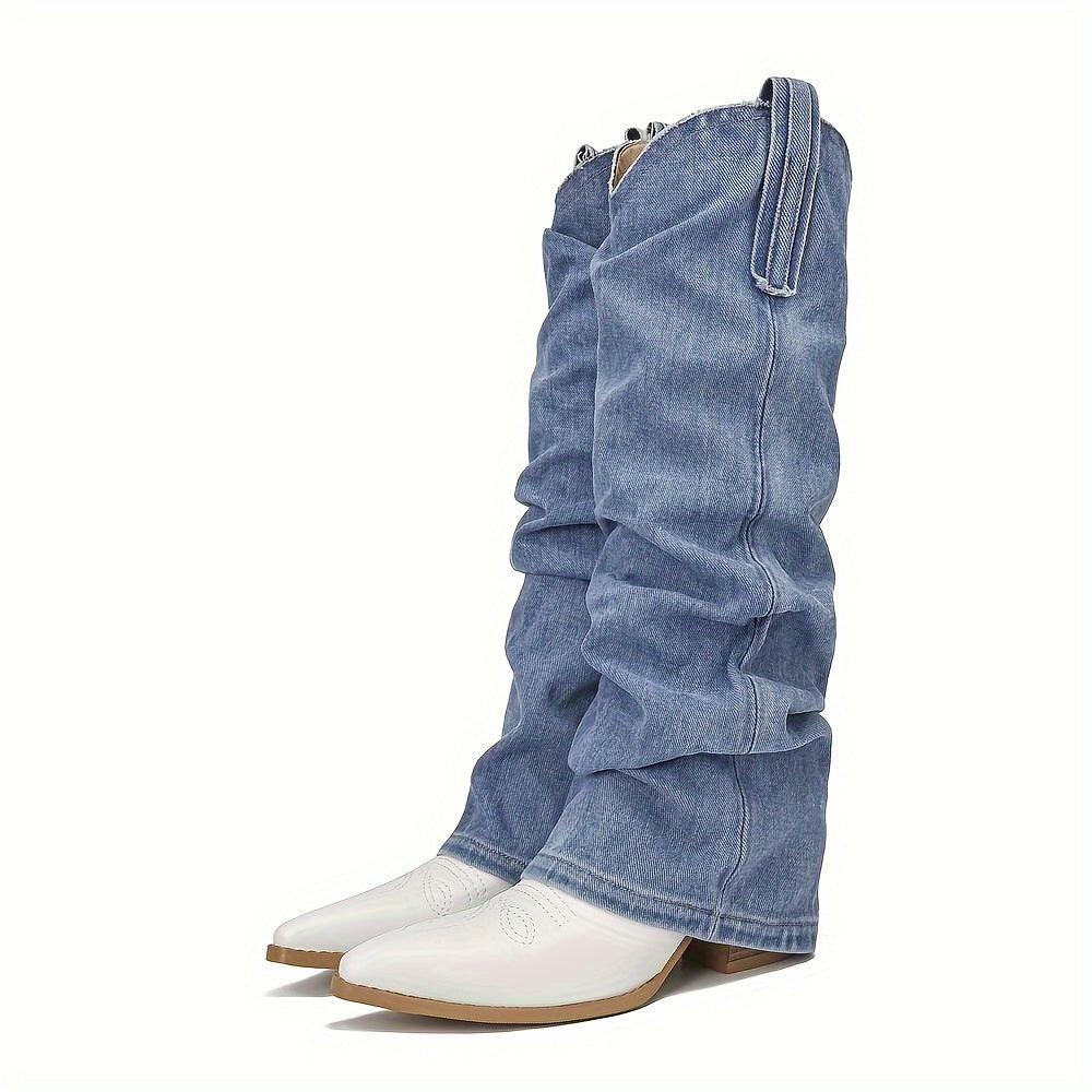 Ayollar uchun Camo print Western chiroqlari kvadrat barmoqli, qalin o'rta poyabzal, tizzaga qadar uzunlikdagi poyabzal