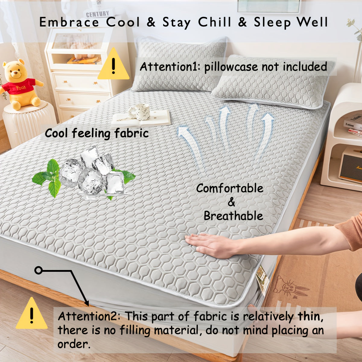 Muz his-tuyg'usi dizayni bilan Lateks Cool Matras Qoplamasi, Bir xil rang, Mashinada yuvish mumkin, Qalin tikilgan ip. Yotoqxonalarga, Talabalar yotoqxonalari, Mehmonxonalar uchun mos. Yostiq qoplamalari kiritilmagan.