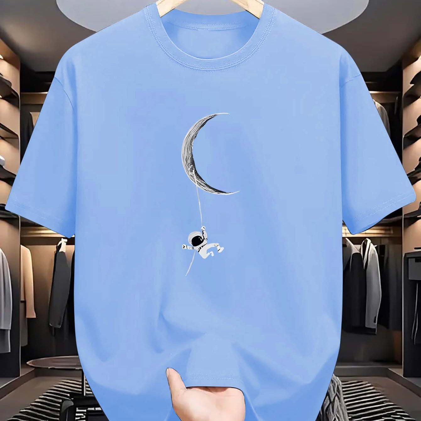 Men's Polyester Crew Neck T-Shirt with Astronaut and Moon Graphic for Summer Casual Fit