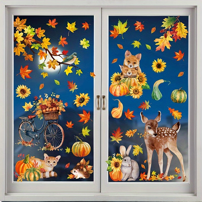 Large Fall Window Clings Set of 68 with Animals Pumpkins and Maple Leaves for Thanksgiving Decor