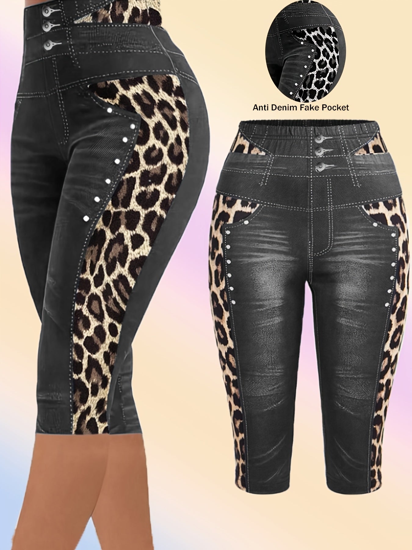 Leggings de mujer de talla grande con imitación de mezclilla de alta elasticidad y largo medio con estampado de leopardo