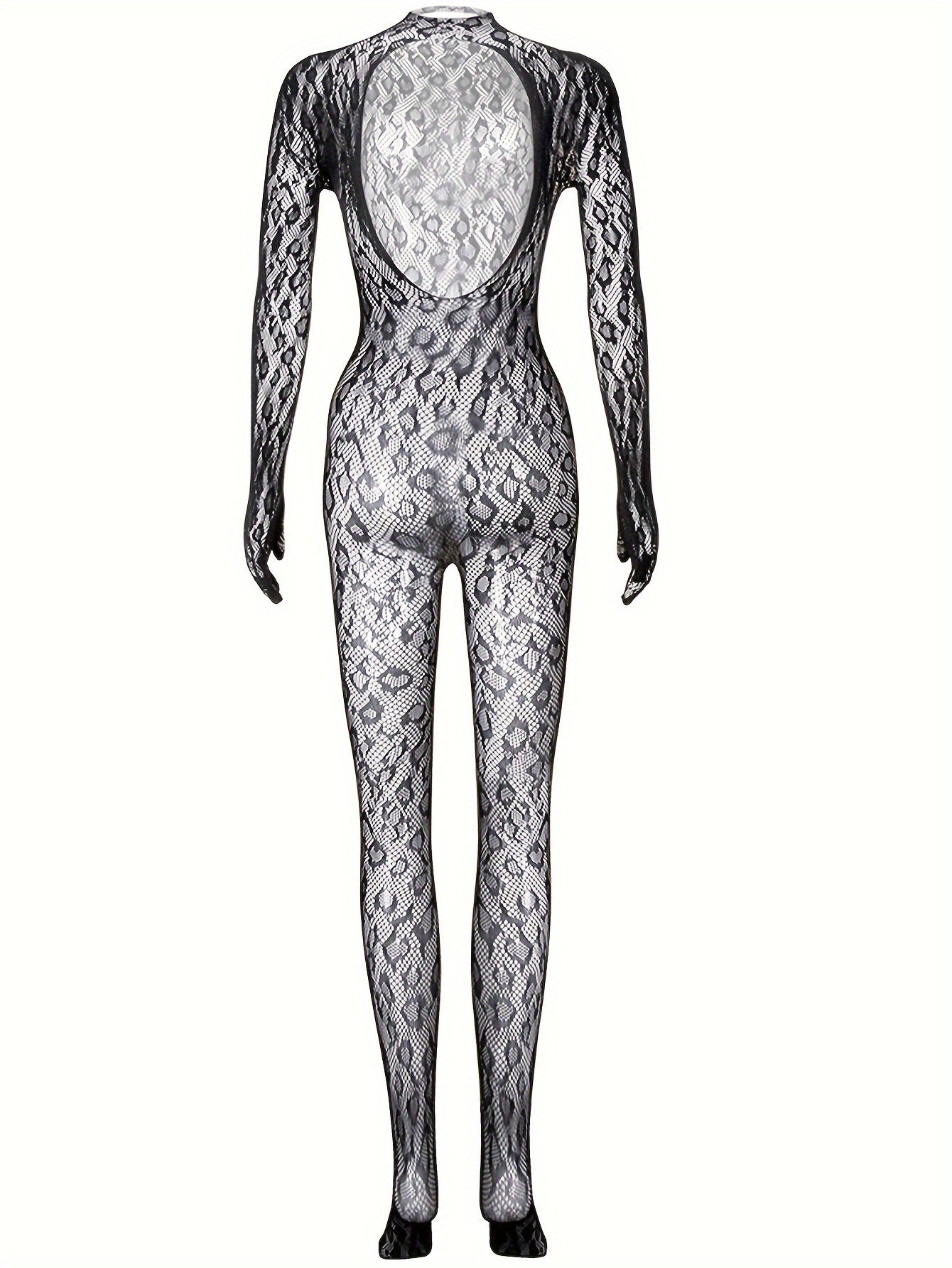 Black Lace Bodystocking with Intricate Patterns Long Sleeve Open Crotch See-Through for Festivals Beachwear