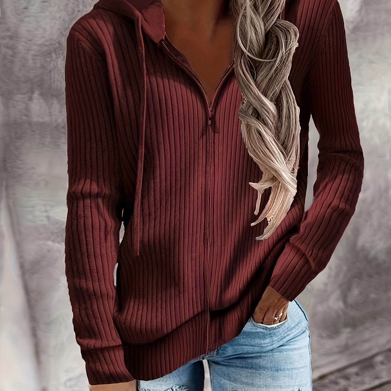 Plus Size Women's Autumn Winter Striped Hoodie with Zipper Long Sleeve Pullover