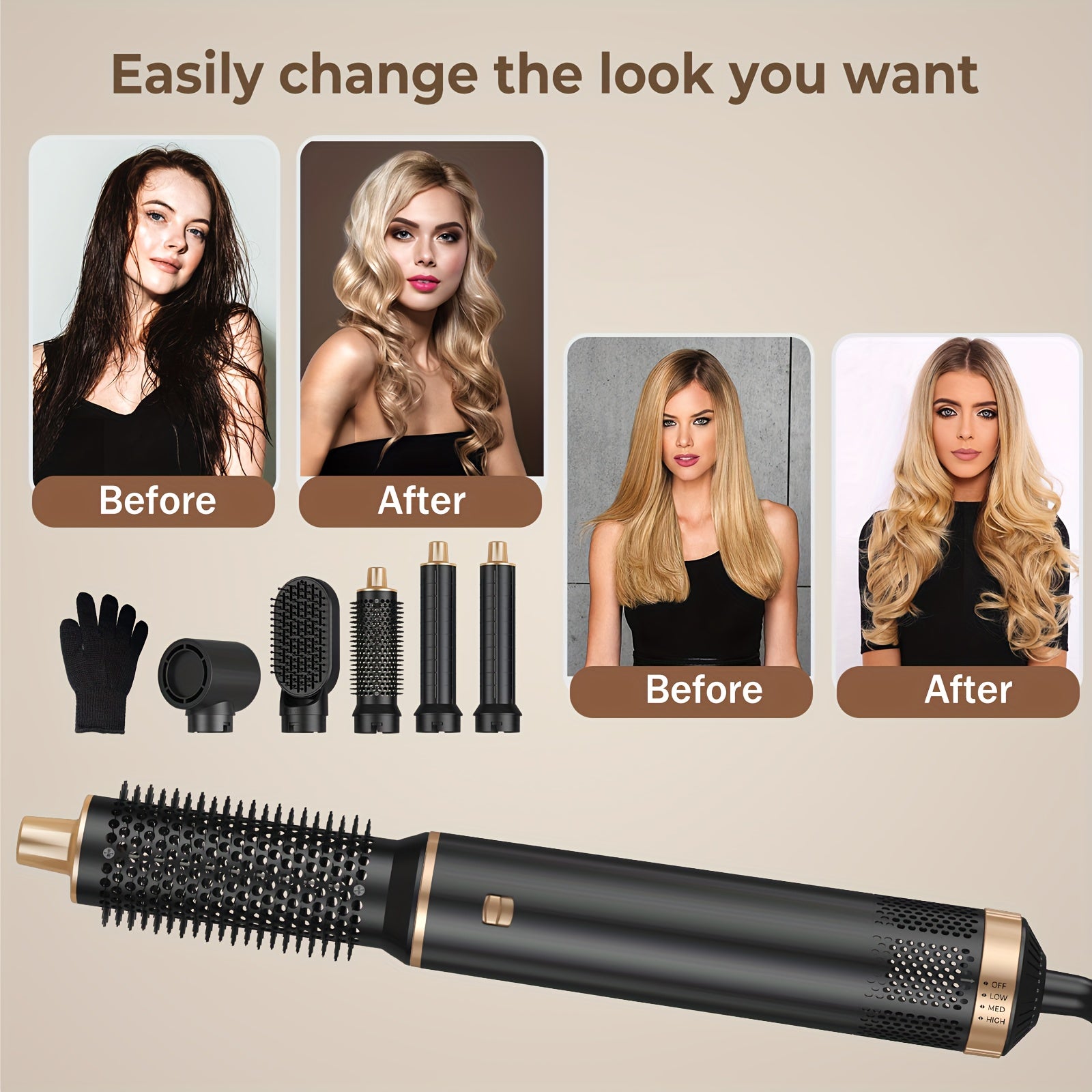 5-in-1 Hot Air Comb Set Hair Dryer Curling Iron Straightening Brush with Accessories