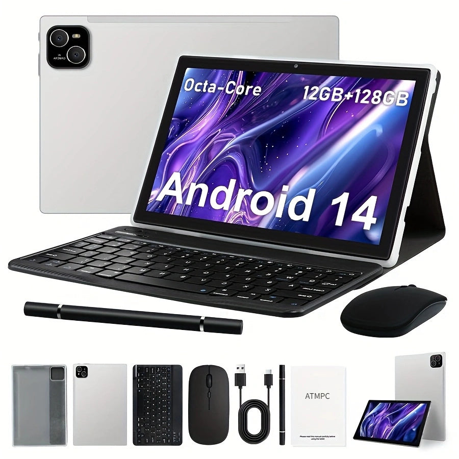 10.1-Inch Android 14 Tablet 12GB RAM 128GB ROM 2-in-1 with Keyboard Stylus