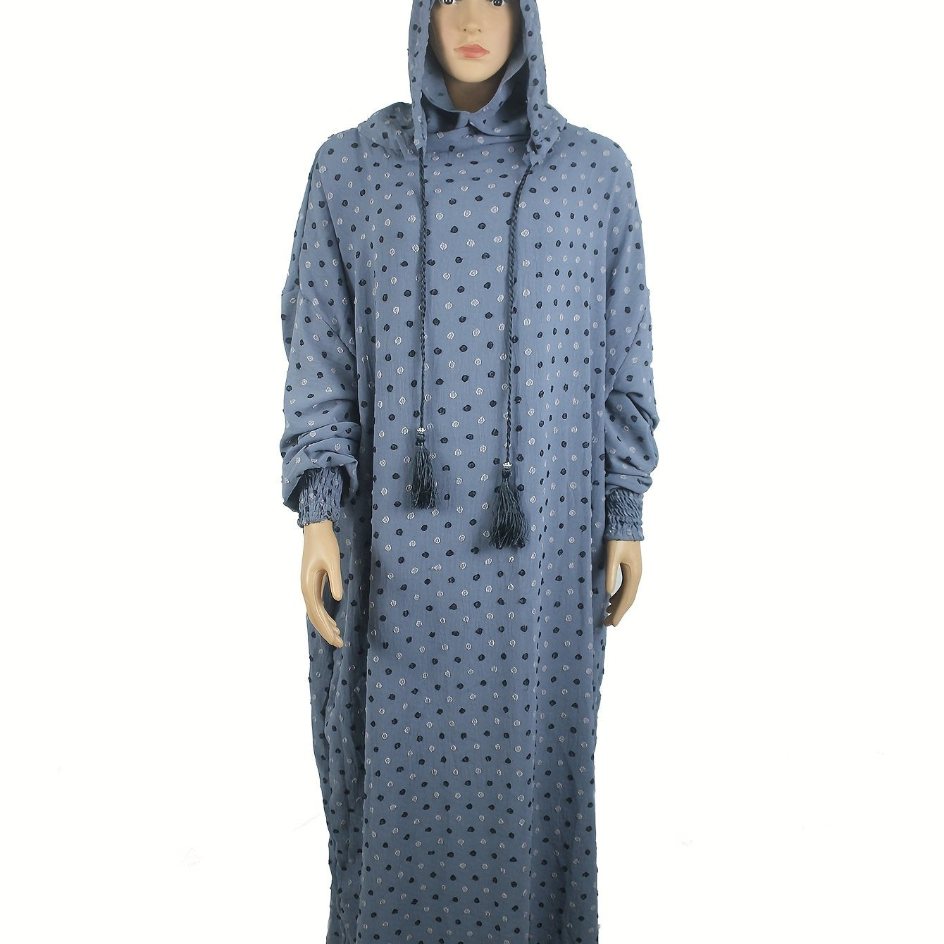 Plus Size Middle Eastern Abaya Turkish Kaftan Dress Blue White Polka Dot Muslim Wear