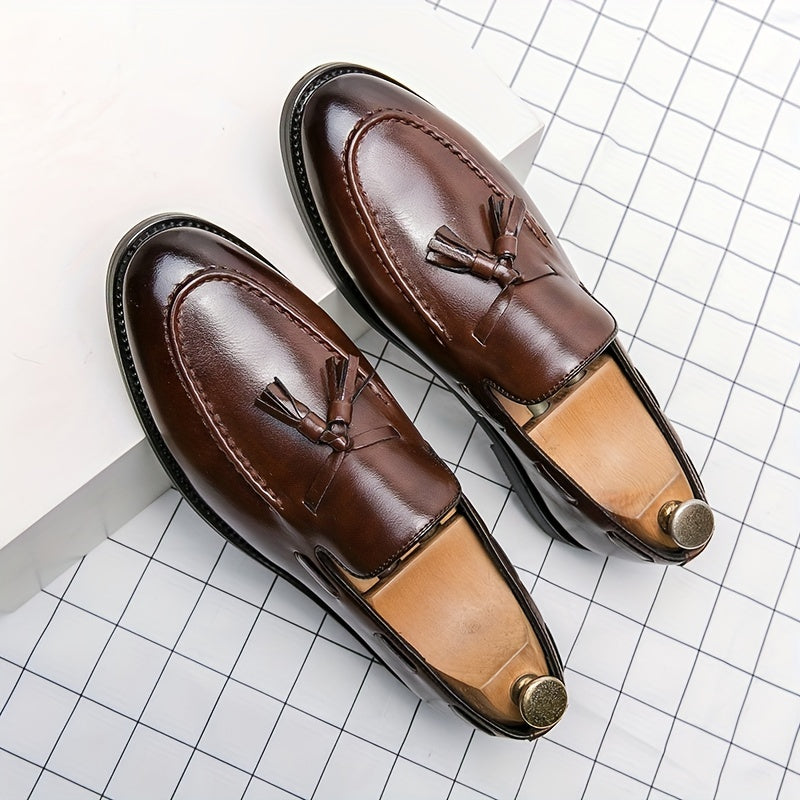 Men's Leather Tassel Loafers Business Casual Slip-On Oxfords Round Toe