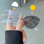 Women Cat Eye Photochromic Rimless Glasses with Blue Light Filter and Sparkling Sequins