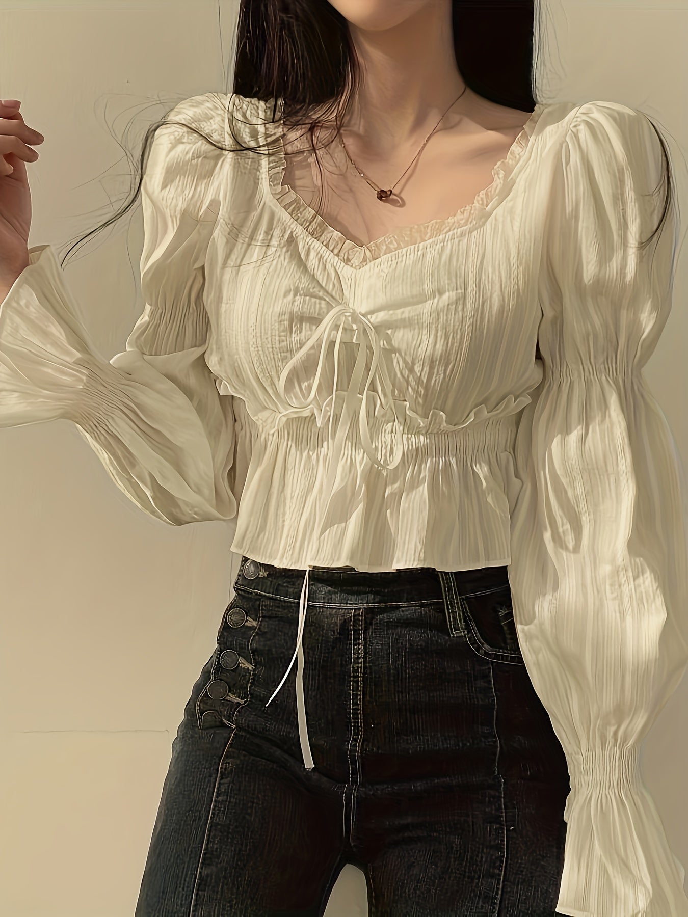 Women's White Cotton Shirt with Square Collar Long Sleeve Spring Autumn Casual