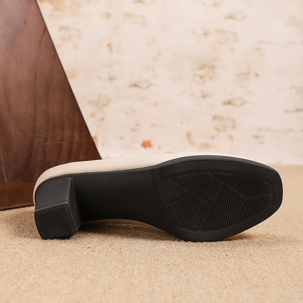 Women Beige Chunky Heel Pumps Square Toe Dress Shoes for Office Formal Wear