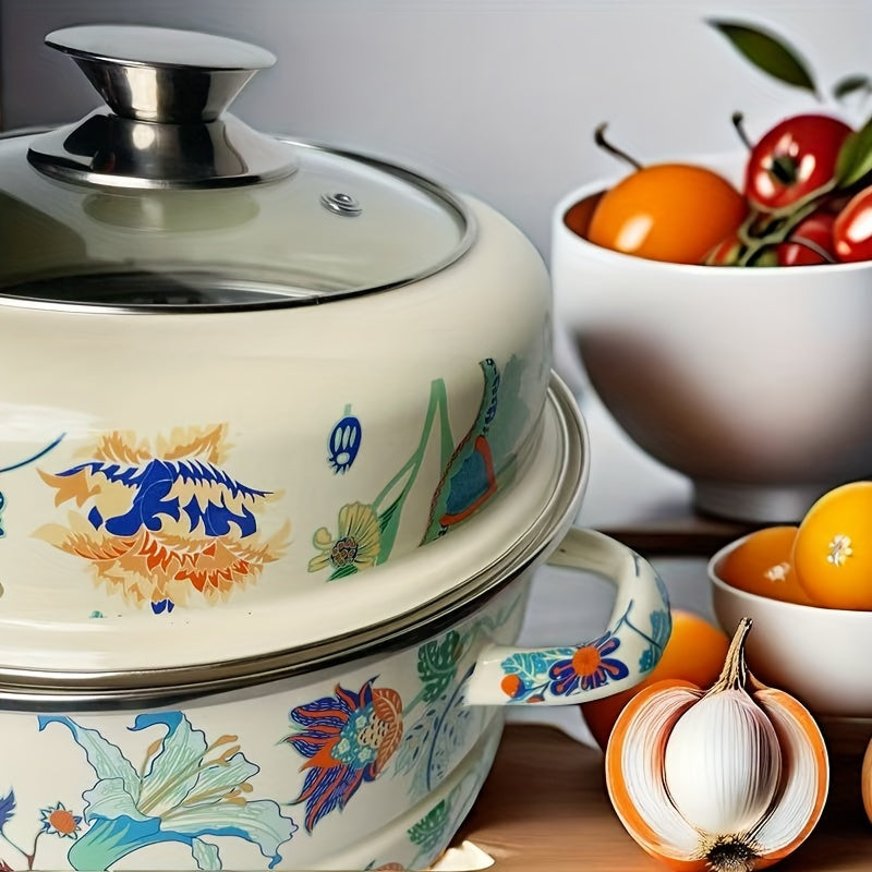 Enamel Double-Layer Steamer Pot with Lid, Multi-Functional Thickened Household Steamer for Soup and Stew
