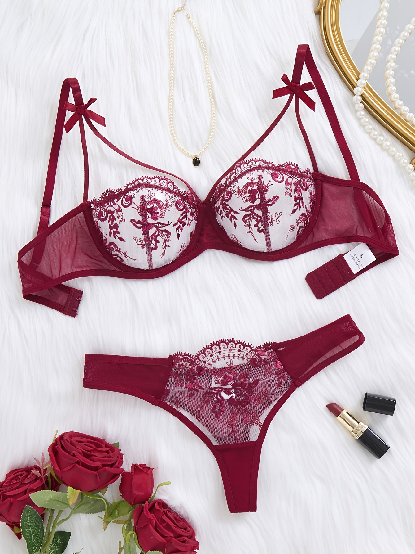 Women's Floral Embroidered Two-Piece Lingerie Set with Semi-Transparent Fabric