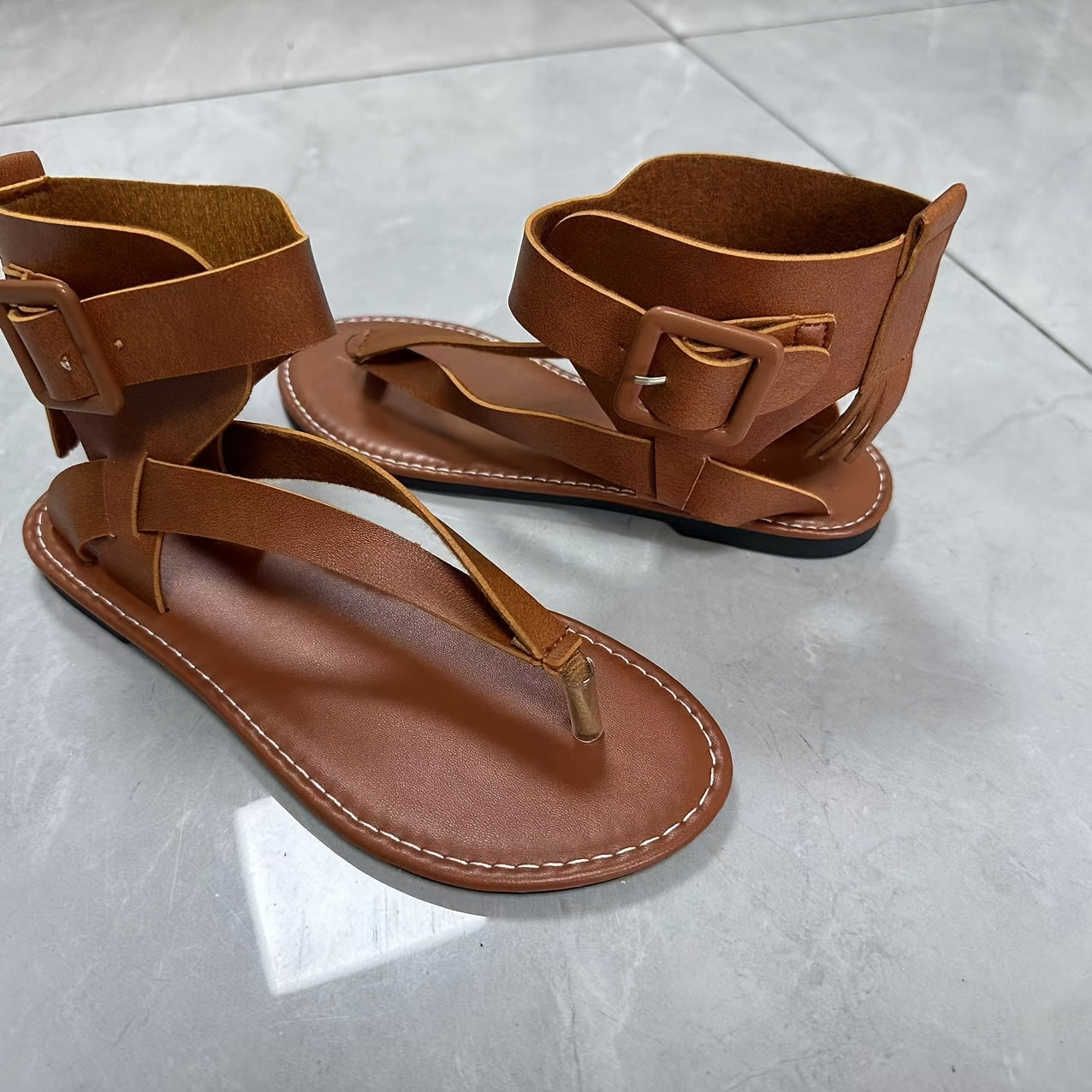 Women's Black Flat Sandals with Ankle Strap Faux Leather and EVA Sole