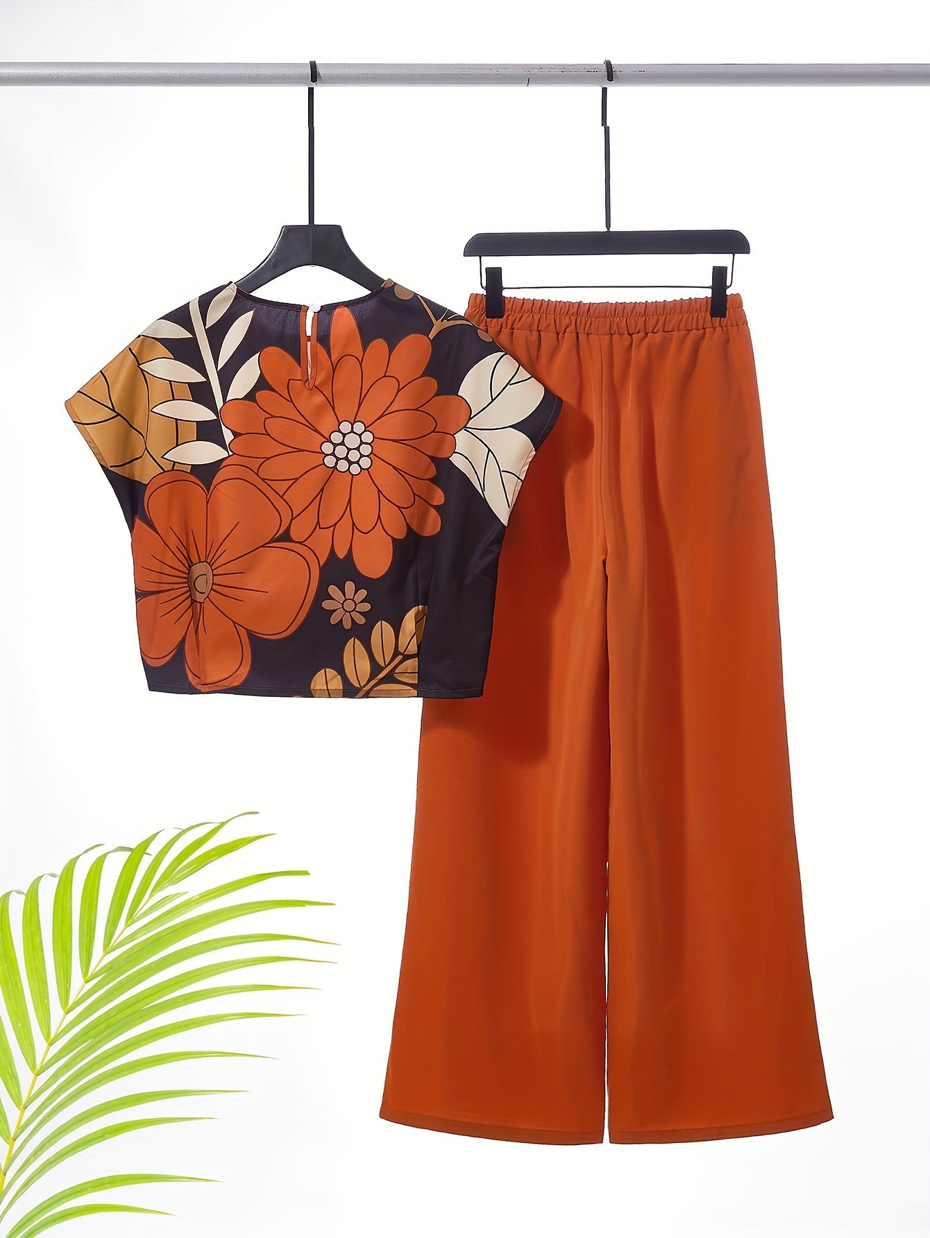 Conjunto de dos piezas para mujer con top de cuello redondo y pantalones de pierna ancha, primavera y verano, poliéster