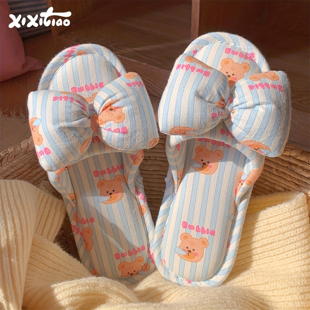 Girls Bear Striped Slippers Linen Fabric Indoor Footwear with Bow