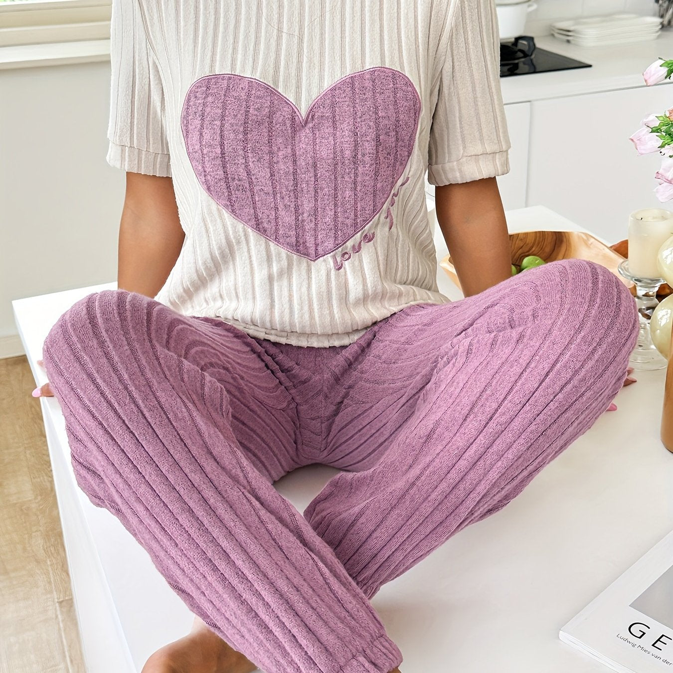 Women's Heart and Letter Print Pajama Set with Short Sleeve Top and Joggers for Summer Nightwear